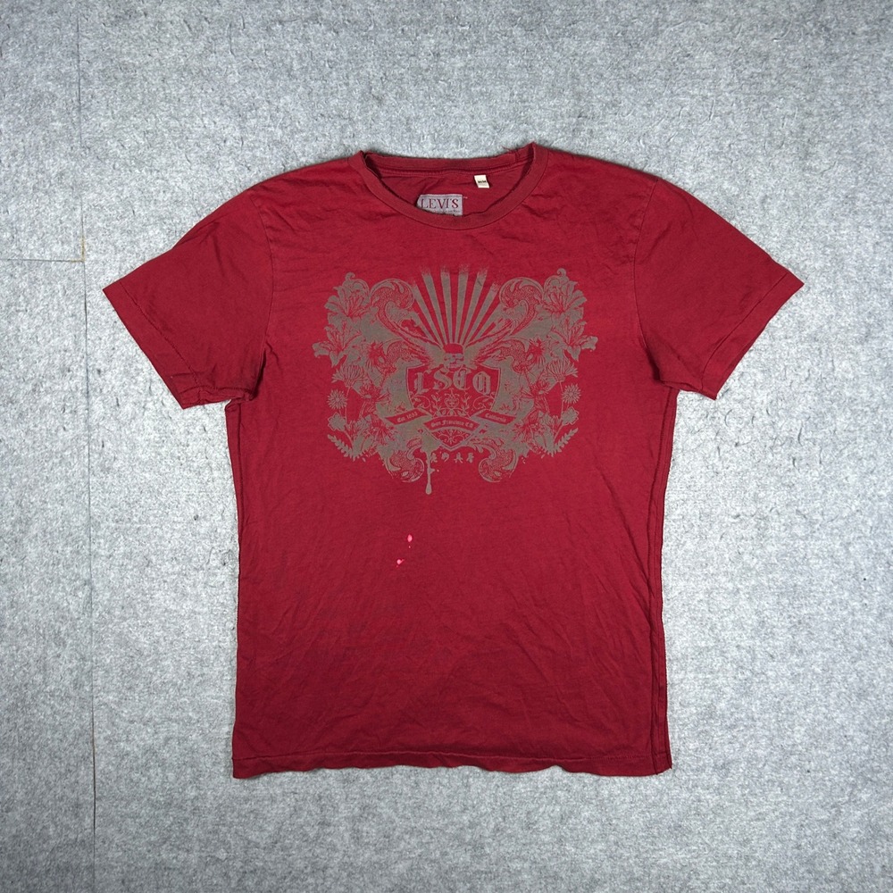 Levi's T-Shirt Mens Medium Red Graphic LS&Co Crest Y2K Distressed Streetwear
